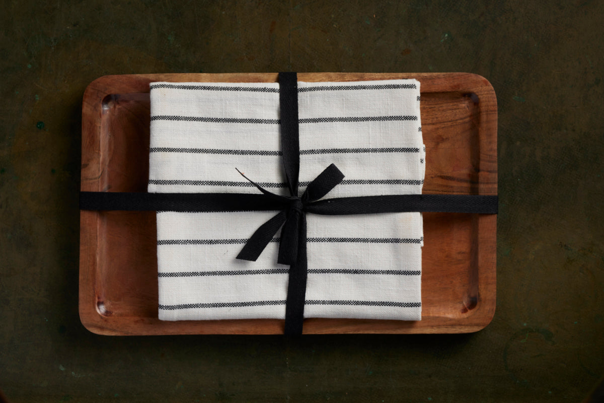Kitchen Towel With Wooden Tray - 100 % Cotton Stripes- Ivory / Black